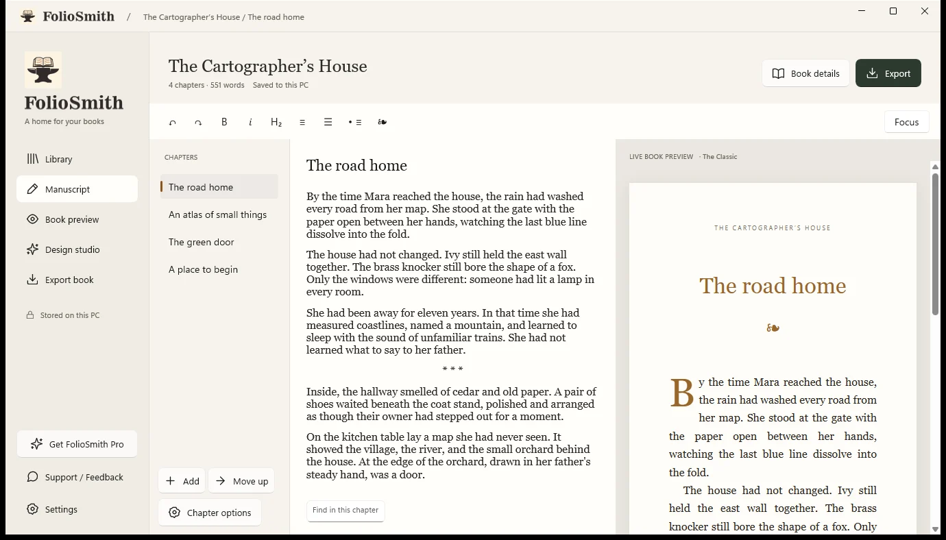FolioSmith manuscript workspace with chapter list, text editor, and live book preview